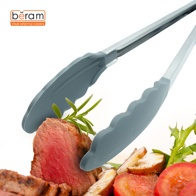 Beram Silicone Tong with Stainless Steel Handles Heat Resistant Non-Stick Safe BPA-Free Cooking Toolsâ€“Grey (Single Tong)