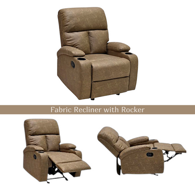 SBF Single Seater Fabric Recliner Sofa with Rocker – Manual Reclining One-Seater Lounge Chair with Cup Holders – Modern Design & Ultimate Comfort for Living Room & Home Relaxation, Brown
