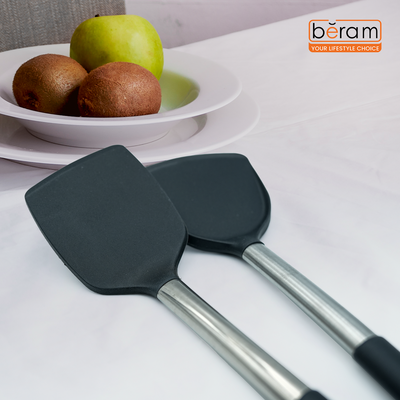 Beram 15Pcs Silicone Set With Stainless Steel Handles Heat Resistant Non-Stick Safe Bpa Free Cooking Tools Spatulas, Turner, Spoon, Tongs Whisk Ladle & More–Black (15Pcs Set)