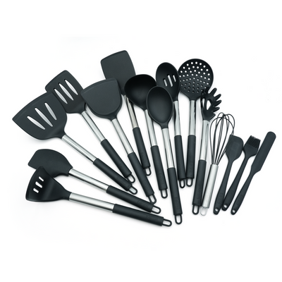 Beram 15Pcs Silicone Set With Stainless Steel Handles Heat Resistant Non-Stick Safe Bpa Free Cooking Tools Spatulas, Turner, Spoon, Tongs Whisk Ladle & More–Black (15Pcs Set)