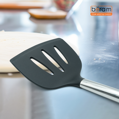 Beram Silicone Kitchen Utensil Slotted Shovel With Stainless Steel Handles Heat Resistant Non-Stick Safe Bpa Free Cooking Tools–Black (Single Slotted Shovel)