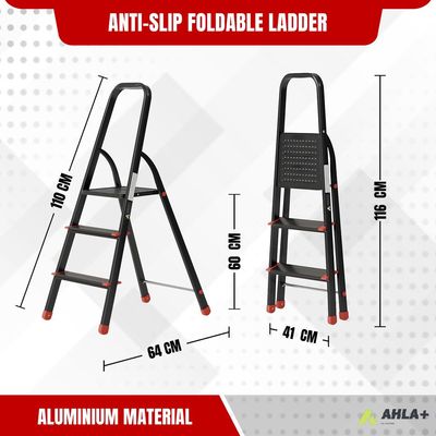 Aluminium Step Ladder for Home - 3 Steps, Black | Anti-Slip Foldable Ladder for Home, Kitchen, Garden, Office | Lightweight, Portable Folding Ladder with Grip (Black)