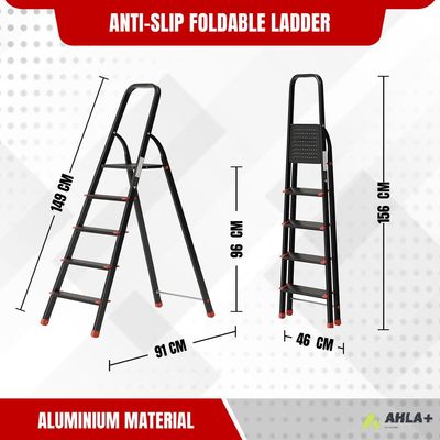 Aluminium Step Ladder for Home - 5 Steps, Black | Anti-Slip Foldable Ladder for Home, Kitchen, Garden, Office | Lightweight, Portable Folding Ladder with Grip (Black)