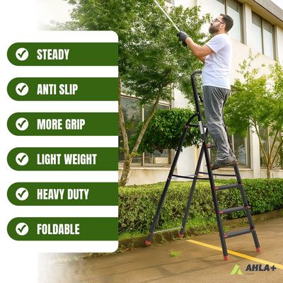 Aluminium Step Ladder for Home - 6 Steps, Black | Anti-Slip Foldable Ladder for Home, Kitchen, Garden, Office | Lightweight, Portable Folding Ladder with Grip (Black)