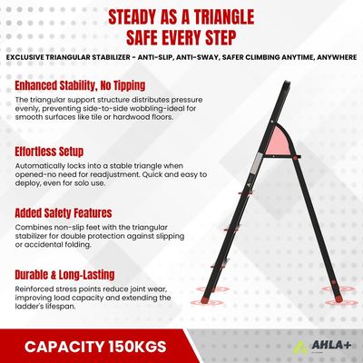 Aluminium Step Ladder for Home - 6 Steps, Black | Anti-Slip Foldable Ladder for Home, Kitchen, Garden, Office | Lightweight, Portable Folding Ladder with Grip (Black)