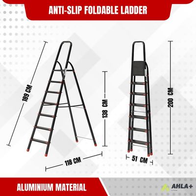 Aluminium Step Ladder for Home - 7 Steps, Black | Anti-Slip Foldable Ladder for Home, Kitchen, Garden, Office | Lightweight, Portable Folding Ladder with Grip (Black)