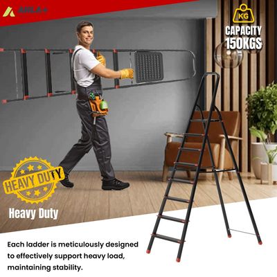 Aluminium Step Ladder for Home - 8 Steps, Black | Anti-Slip Foldable Ladder for Home, Kitchen, Garden, Office | Lightweight, Portable Folding Ladder with Grip (Black)