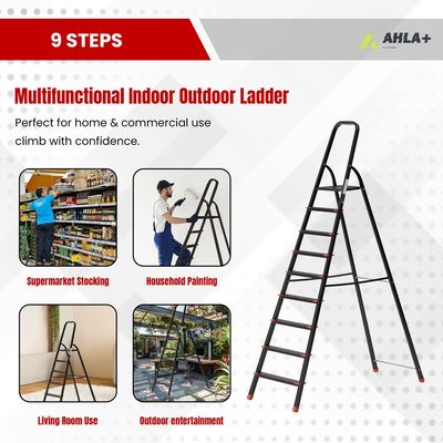 Aluminium Step Ladder for Home - 9 Steps, Black | Anti-Slip Foldable Ladder for Home, Kitchen, Garden, Office | Lightweight, Portable Folding Ladder with Grip (Black)