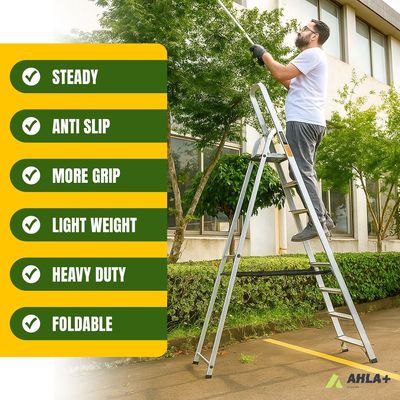 Egardenkart Aluminium Step Ladder for Home - 9 Steps | Anti-Slip Foldable Ladder for Home, Kitchen, Garden, Office | Lightweight, Portable Folding Ladder with Grip (Silver)