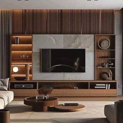 Visay Luxury Wooden Tv Wall Unit With Marble Panel | Modern Tv Stand | Tv Unit