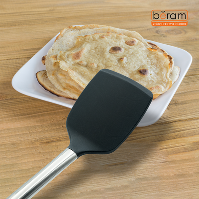 Beram Silicone Turner With Stainless Steel Handles Heat Resistant Kitchen Utensil Non-Stick Safe Bpafree Cooking Tools Spatulas–Black (Single Turner)