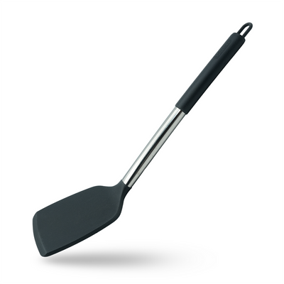 Beram Silicone Turner With Stainless Steel Handles Heat Resistant Kitchen Utensil Non-Stick Safe Bpafree Cooking Tools Spatulas–Black (Single Turner)
