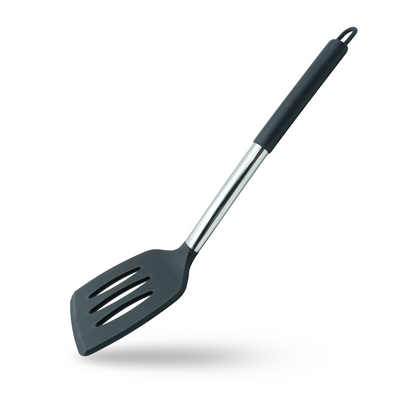 Beram Silicone Slotted Turner Spatula With Stainless Steel Handles Heat Resistant Kitchen Utensil Non-Stick Safe Bpafree Cooking Tools–Black (Single Slotted Turner)