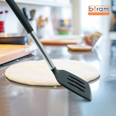 Beram Silicone Slotted Turner Spatula With Stainless Steel Handles Heat Resistant Kitchen Utensil Non-Stick Safe Bpafree Cooking Tools–Black (Single Slotted Turner)