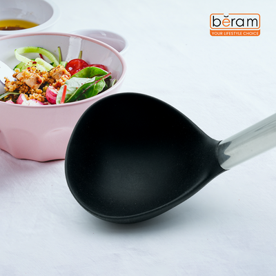 Beram  Silicone Soup Ladle With Stainless Steel Handles Heat Resistant Kitchen Utensil Non-Stick Safe Bpafree Cooking Tools Spatula Black (Single Soup Ladle)