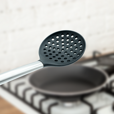 Beram Silicone Skimmer With Stainless Steel Handles Heat Resistant Kitchen Utensil Non-Stick Safe Bpafree Cooking Tools Spatula–Black (Single Skimmer)