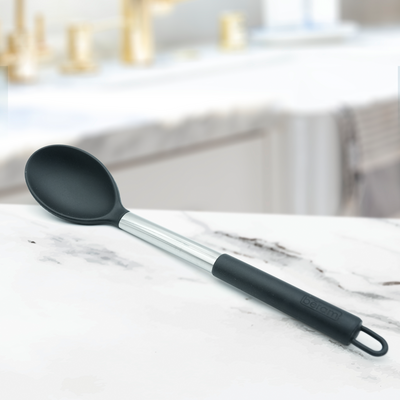Beram Silicone Serving Spoon With Stainless Steel Handles Heat Resistant Kitchen Utensil Non-Stick Safe Bpafree Cooking Tools Spatula–Black (Single Serving Spoon)