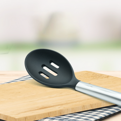 Beram Silicone Slotted Spoon With Stainless Steel Handles Heat Resistant Kitchen Utensil Non-Stick Safe Bpafree Cooking Tools Spatula–Black (Single Slotted Spoon)