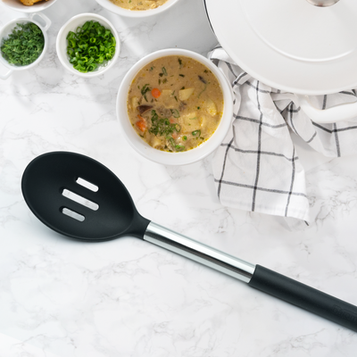 Beram Silicone Slotted Spoon With Stainless Steel Handles Heat Resistant Kitchen Utensil Non-Stick Safe Bpafree Cooking Tools Spatula–Black (Single Slotted Spoon)