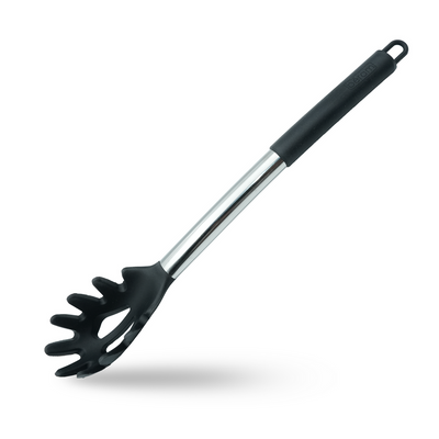 Beram Silicone Pasta Server With Stainless Steel Handles Heat Resistant Kitchen Utensil Non-Stick Safe Bpafree Cooking Tools Spatula Spaghetti Server–Black (Single Pasta Server)