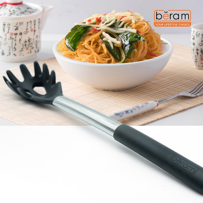 Beram Silicone Pasta Server With Stainless Steel Handles Heat Resistant Kitchen Utensil Non-Stick Safe Bpafree Cooking Tools Spatula Spaghetti Server–Black (Single Pasta Server)