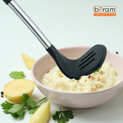 Beram Silicone Potato Masher With Stainless Steel Handle Heat Resistant, Bpa Free Non-Stick Safe Cooking Tool For Mashing Potatoes Vegetables Avocados–Grey (Single Masher)