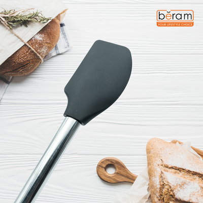 Beram Silicone Scraper With Stainless Steel Handle Heat Resistant Bpa Free Non-Stick Safe Spatula For Mixing Stirring Baking Folding Cooking & Scraping – Black (Single Silicone Scraper)