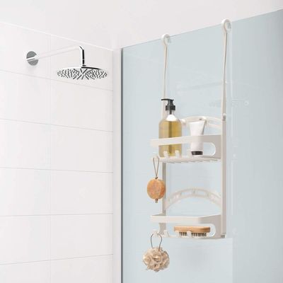 Metaltex Shower-Flex Shower Caddy – Adjustable Shower Organizer with Flexible Arms, 2 Shelves & Hooks – Compact Storage for Bottles up to 1L