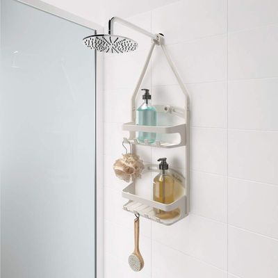 Metaltex Shower-Flex Shower Caddy – Adjustable Shower Organizer with Flexible Arms, 2 Shelves & Hooks – Compact Storage for Bottles up to 1L