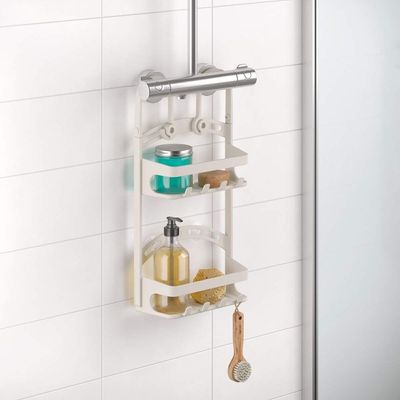 Metaltex Shower-Flex Shower Caddy – Adjustable Shower Organizer with Flexible Arms, 2 Shelves & Hooks – Compact Storage for Bottles up to 1L