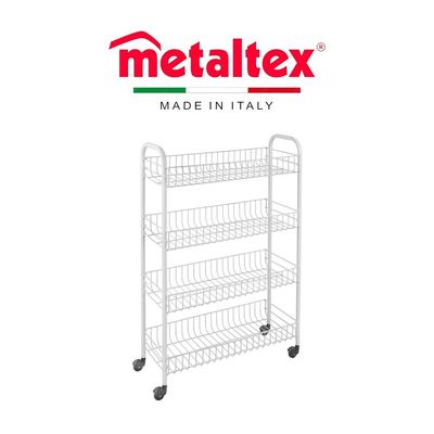 Metaltex Snello 4-Layer Multi-Purpose Cart – 4-Tier Rolling Storage Trolley with 360° Spinner Wheels, Easy Assembly, LDPE Plastic Coating Metaltex Snello 4-Layer Multi-Purpose Cart – 4-Tier Rolling Storage Trolley with 360° Spinner Wheels, Easy Assembly, LDPE Plastic Coating