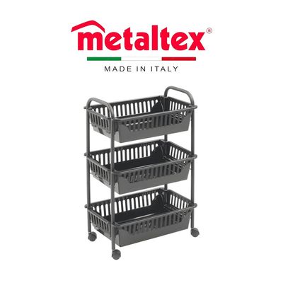 Metaltex Oslo 3-Layer Multi-Purpose Storage Basket – Rolling Cart with 360° Spinner Wheels, Touch-Therm® Coating & PP Baskets – LAVA