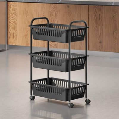 Metaltex Oslo 3-Layer Multi-Purpose Storage Basket – Rolling Cart with 360° Spinner Wheels, Touch-Therm® Coating & PP Baskets – LAVA