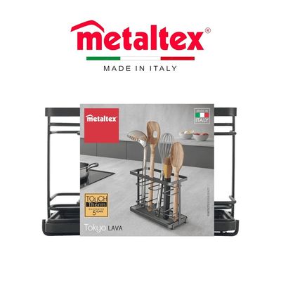 Metaltex Kitchen Utensils Holder Tokyo LAVA – Matte Black Organizer & Drainer with Removable Tray