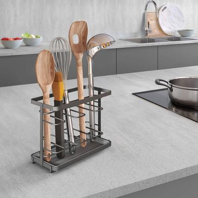 Metaltex Kitchen Utensils Holder Tokyo LAVA – Matte Black Organizer & Drainer with Removable Tray