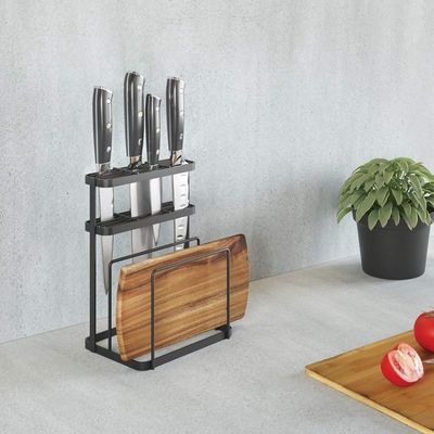 Metaltex Tokyo LAVA Knife & Cutting Board Rack – Matt Black, 15 Knife Slots + 2 Board Compartments