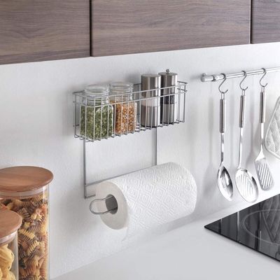 Metaltex Kitchen Paper Holder with Basket – Rollo Polytherm Coating, Rust-Resistant Countertop Organizer