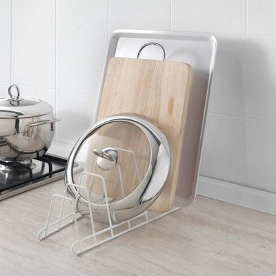 Metaltex Pot Lid & Tray Holder – 6 Slot Kitchen Organizer for Lids, Cutting Boards & Baking Trays – Iron Wire with LDPE Coating