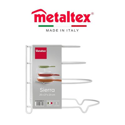 Metaltex Frypan Holder Sierra White – 4-Seat Pan Organizer – Countertop, Cabinet, or Drawer Storage – Iron Wire Body with LDPE Coating