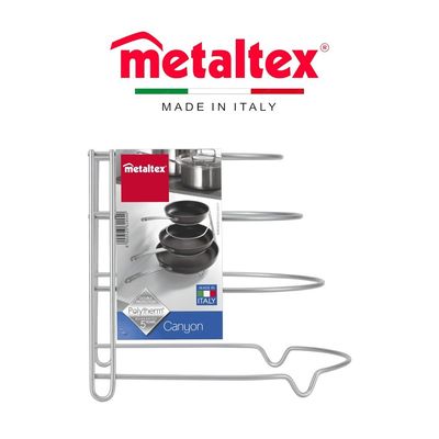 Metaltex Frypan Holder Canyon Silver – 4-Seat Frying Pan Organizer – Countertop, Cabinet, or Drawer Storage – Iron Wire Body with Polytherm® Metallic Coating