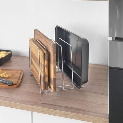 Metaltex Tray & Cutting Board Holder Nevada – 5-Slot Organizer – Iron Wire Body with Polytherm Metallic Coating – Durable Kitchen Storage