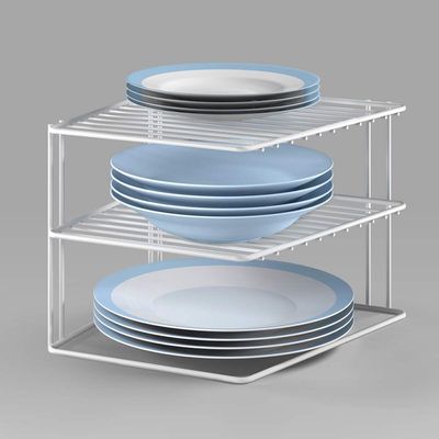 Metaltex Corner Rack Silos – 2-Tier Plate & Bowl Organizer – Space-Saving Corner Cabinet Insert – Sturdy Coated Wire, Made in Italy
