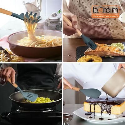 Beram 11Pcs Silicone Cooking Utensil Set With Wooden Handles Heat Resistant Bpa Free Non-Stick Kitchen Tools Set For Cooking Baking Stirring Serving And Mixing-Grey (11 Pcs Set)