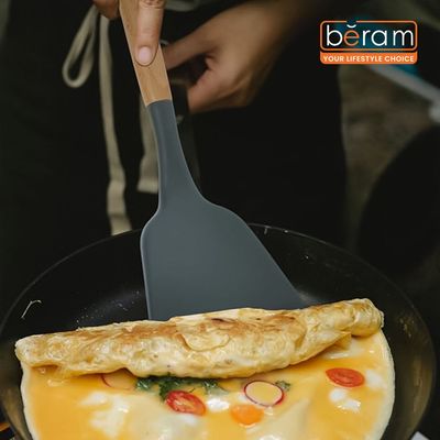 Beram Silicone Turner Spatula Cooking Utensil Set With Wooden Handles Heat Resistant Bpa Free Non-Stick Kitchen Tools Set For Flipping Stirring-Grey (Single Turner)