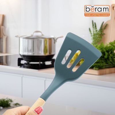 Beram Silicone Slotted Turner Cooking Utensil With Wooden Handles Heat Resistant Bpa Free Non-Stick Kitchen Tool For Frying Flipping Cooking - Grey (Single Slotted Turner)