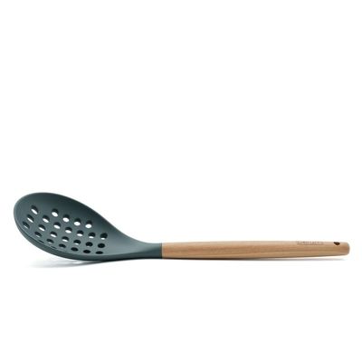 Beram Silicone Skimmer Cooking Utensil With Wooden Handle Heat Resistant Bpa Free Non-Stick Kitchen Tool For Frying & Draining -Grey (Single Skimmer)
