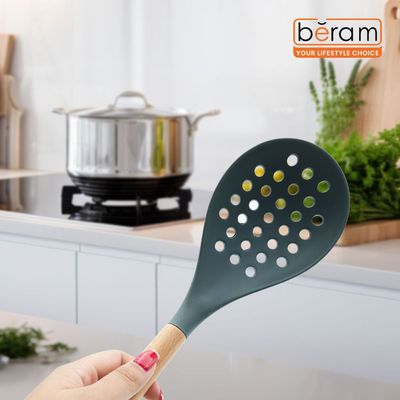 Beram Silicone Skimmer Cooking Utensil With Wooden Handle Heat Resistant Bpa Free Non-Stick Kitchen Tool For Frying & Draining -Grey (Single Skimmer)