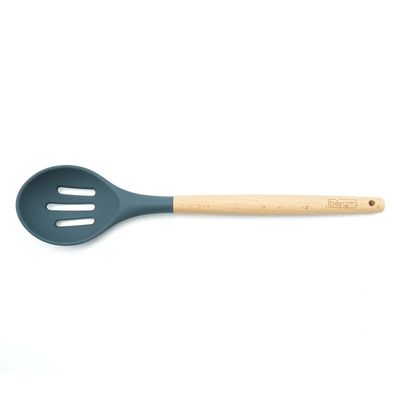 Beram Silicone Slotted Spoon Cooking Utensil Set With Wooden Handle Heat Resistant Bpa Free Non-Stick Kitchen Tool For Cooking Draining Stirring Mixing-Grey (Single Slotted Spoon)