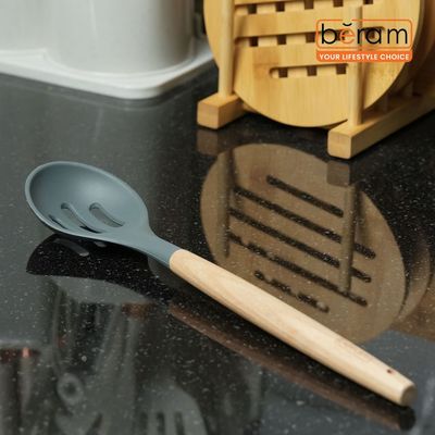 Beram Silicone Slotted Spoon Cooking Utensil Set With Wooden Handle Heat Resistant Bpa Free Non-Stick Kitchen Tool For Cooking Draining Stirring Mixing-Grey (Single Slotted Spoon)
