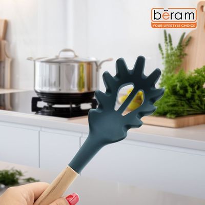 Beram Silicone Pasta Server Cooking Utensil With Wooden Handles Heat Resistant Bpa Free Non-Stick Kitchen Tool Spaghetti Server For Cooking Serving And Mixing-Grey (Single Pasta Server)